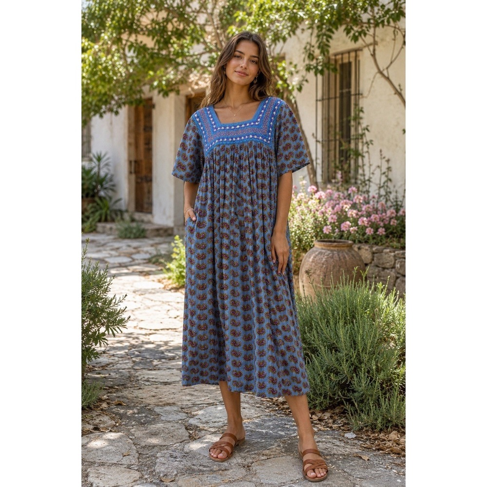 ALPNANI India Blue Paisley Embroidered Cotton Boho Peasant House Dress